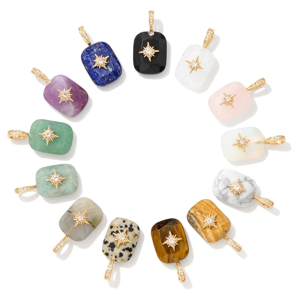 1PC Healing Crystal Natural Gemstone Pendant 12x16mm Faceted Rectangle With Rhinestone Starburst Charms Pendants for DIY Jewelry