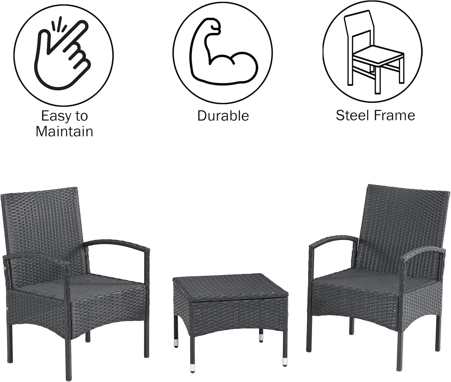 Graue Set-Rattan-Außen couch, 2 Terrassen stühle und Tisch-Combo-Deck-, Pool-oder Veranda-Möbel schwarz