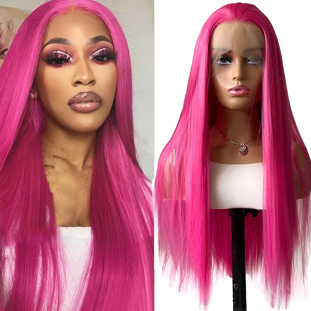 Rose Pink Straight Synthetic Lace Wig Glueless Wigs For Women Natural Hairline Daily Wear Long Pink  Wig Cosplay Part Front Hair