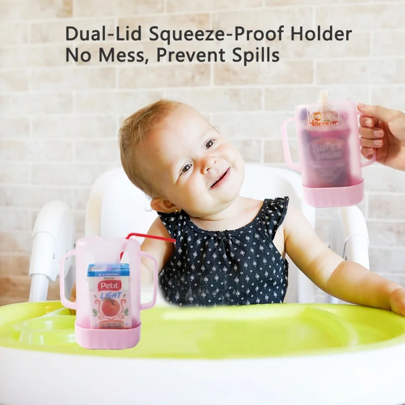 Dual-Lid Squeeze Holder Leak Proof Anti-Squeeze Baby Juice Box Holder Bag with Handles For Baby Self-Feeding