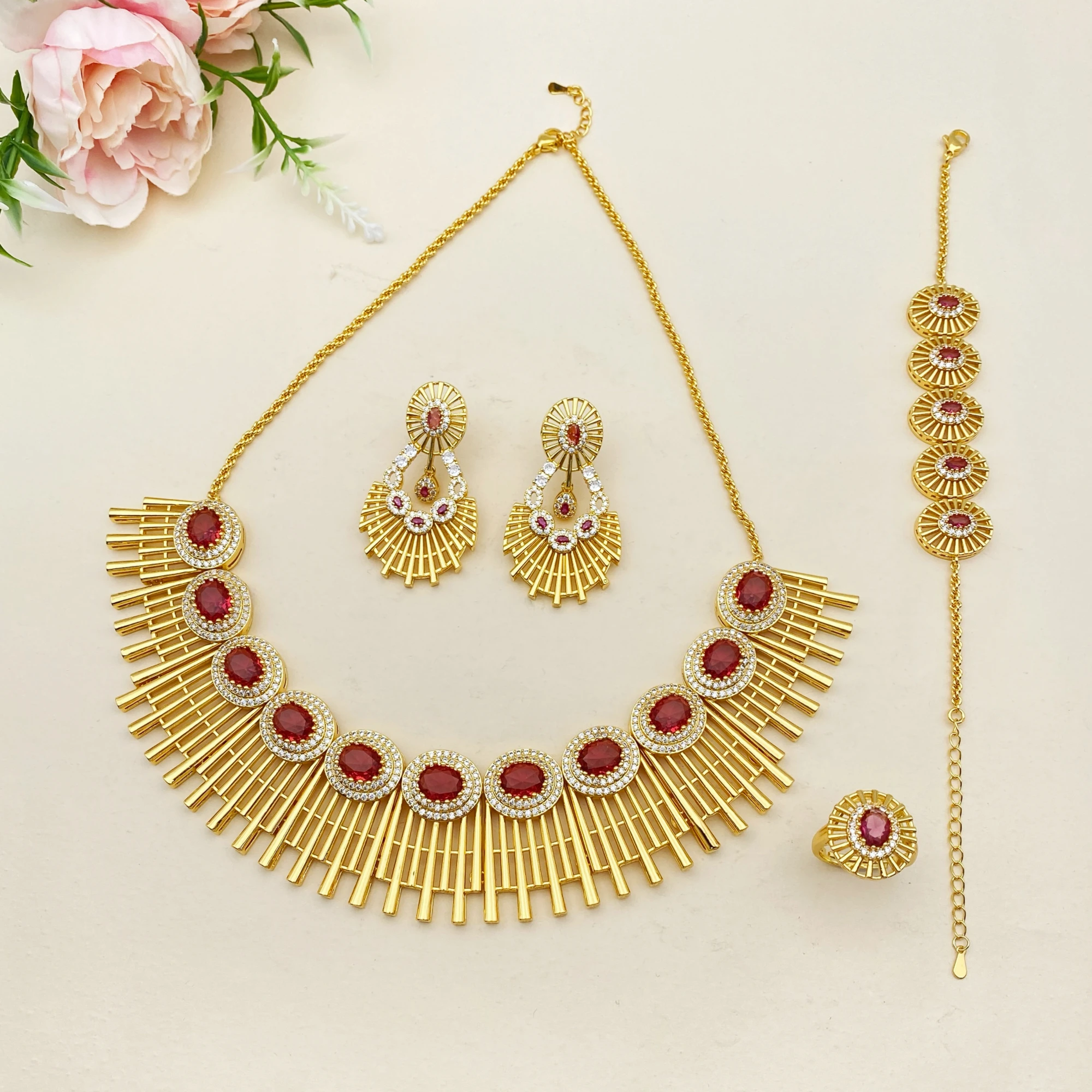 

Flora Light Luxury Gold Plated Brass 4-Piece Jewelry Set with Zirconia Bangle Ring Pendant Earrings for Women's Party Fashion