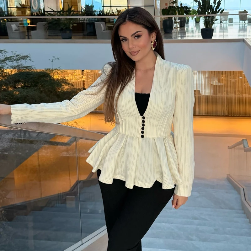 MUJER Striped Ruffle Blazer Ladies Office Pleated Blazer for Women Summer Fitted Coat Women Long Sleeve Women's Tailoring Blazer