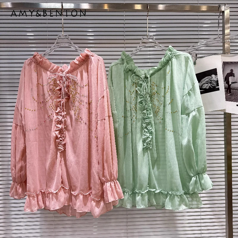 

Корейская дизайнерская женская блузка: новая весенняя элегантная плиссированная блузка из шифона с рюшами, стразами и завязками, свободного кроя