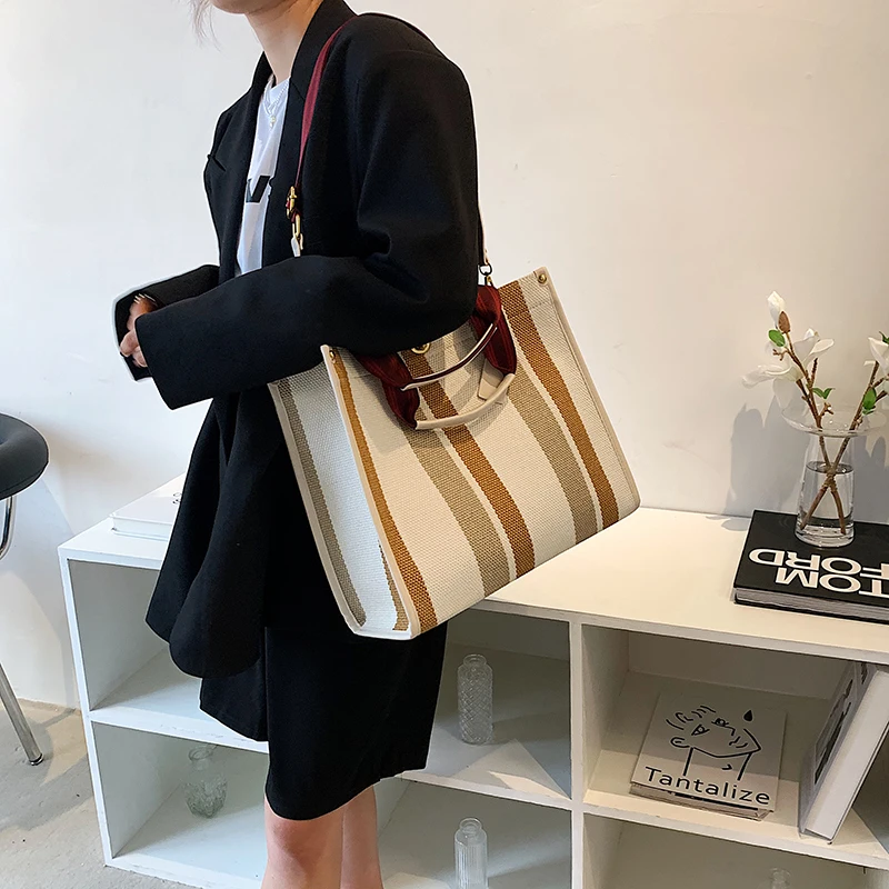 Quality Canvas Tote Bag For Women 2022 Luxury Designer Handbag Large Capacity Stripe Shoulder Bags Big Shopper Totes Bolso Mujer