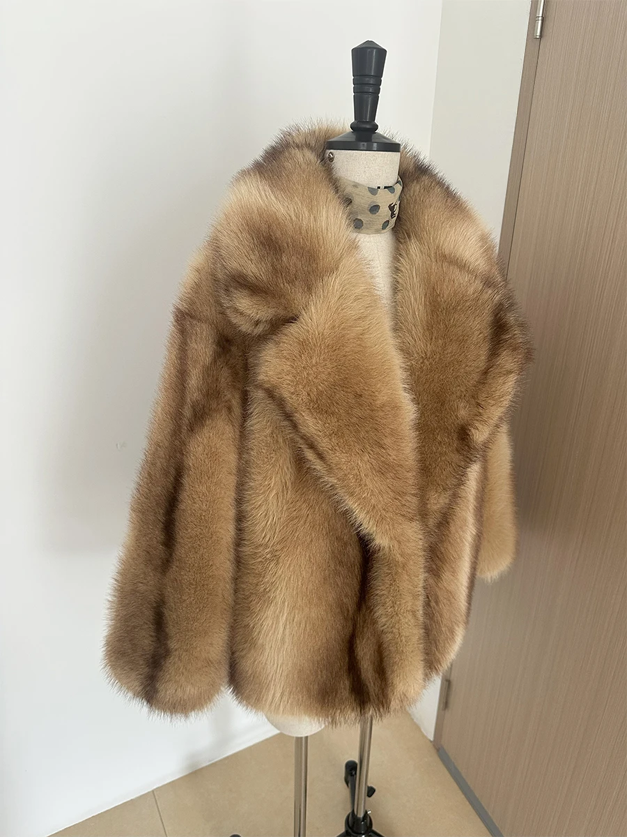 Brown Stripes Gradient Premium Faux Fox Fur Coat Women’s Fashion Iconic Plush Outwear High Street Vintage Cozy Everyday Outfit