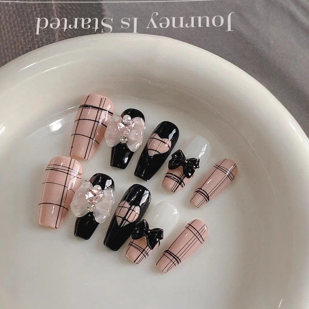 10 Pieces Korean Sexy Hottie Press On Nails Handmade Black Pink with Diamonds Love Plaid Fake Nail Patches Removable