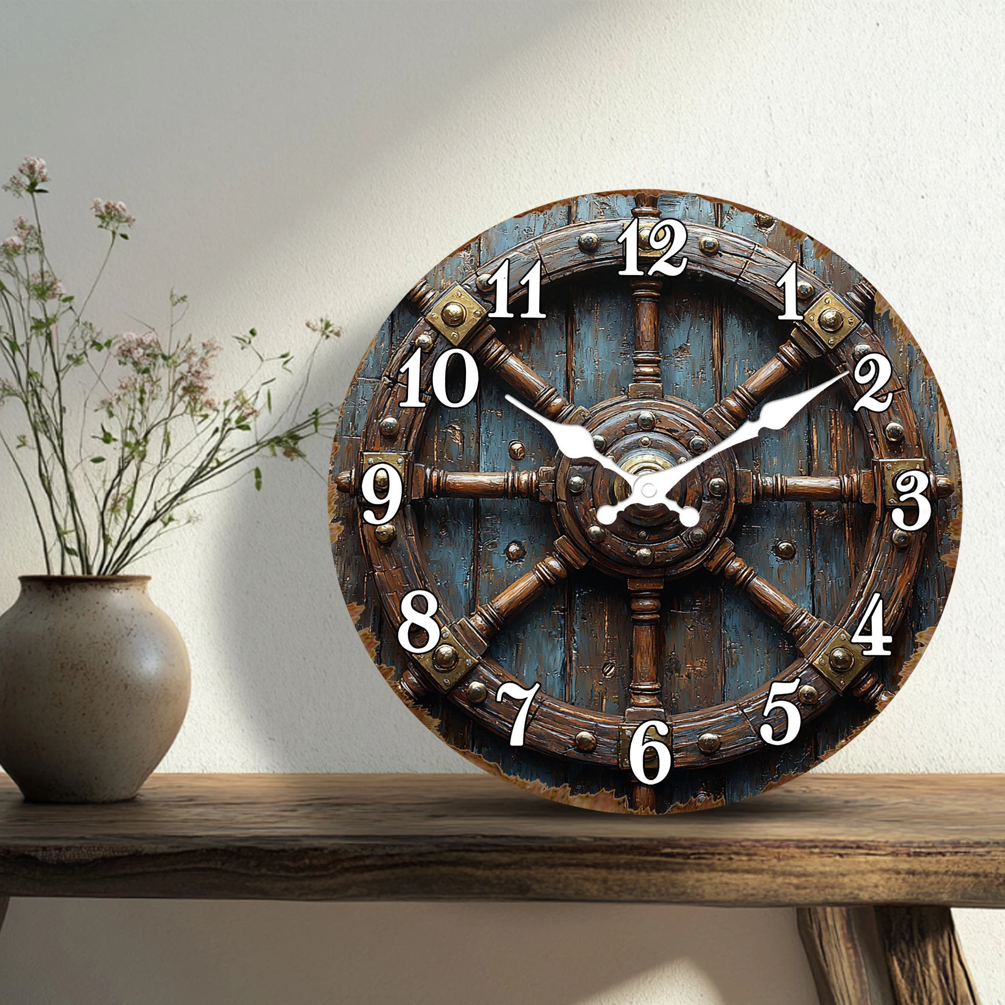 Vintage Ship Steering Wheel Round Wall Clock - Nautical Decor, Silent Non Ticking Wall Timepiece for Seafarer