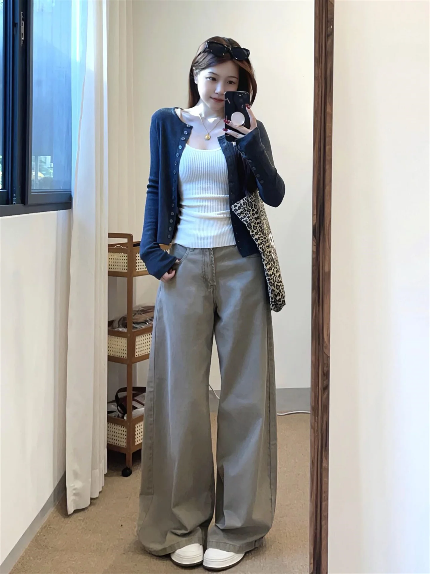 

Джинсы American Vibe цвета хаки с широкими штанинами, женские, весна-лето, свободные, струящиеся, универсальный дизайн, удлиненные прямые брюки