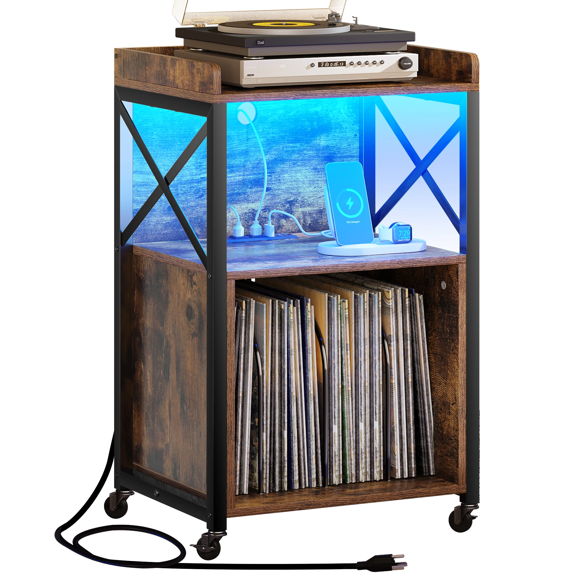 Record Player Stand Turntable Storage Audio Cabinet with LED Light Bedroom Table