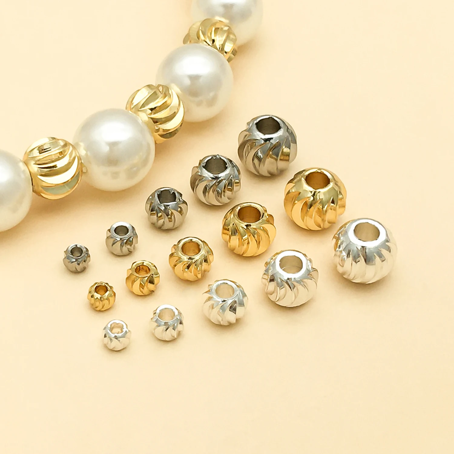 30pcs Twisted Swirl Round Spacer Beads Textured Large Hole Brass Metal Bead For Ethnic Handmade Beading Jewelry Making DIY Craft