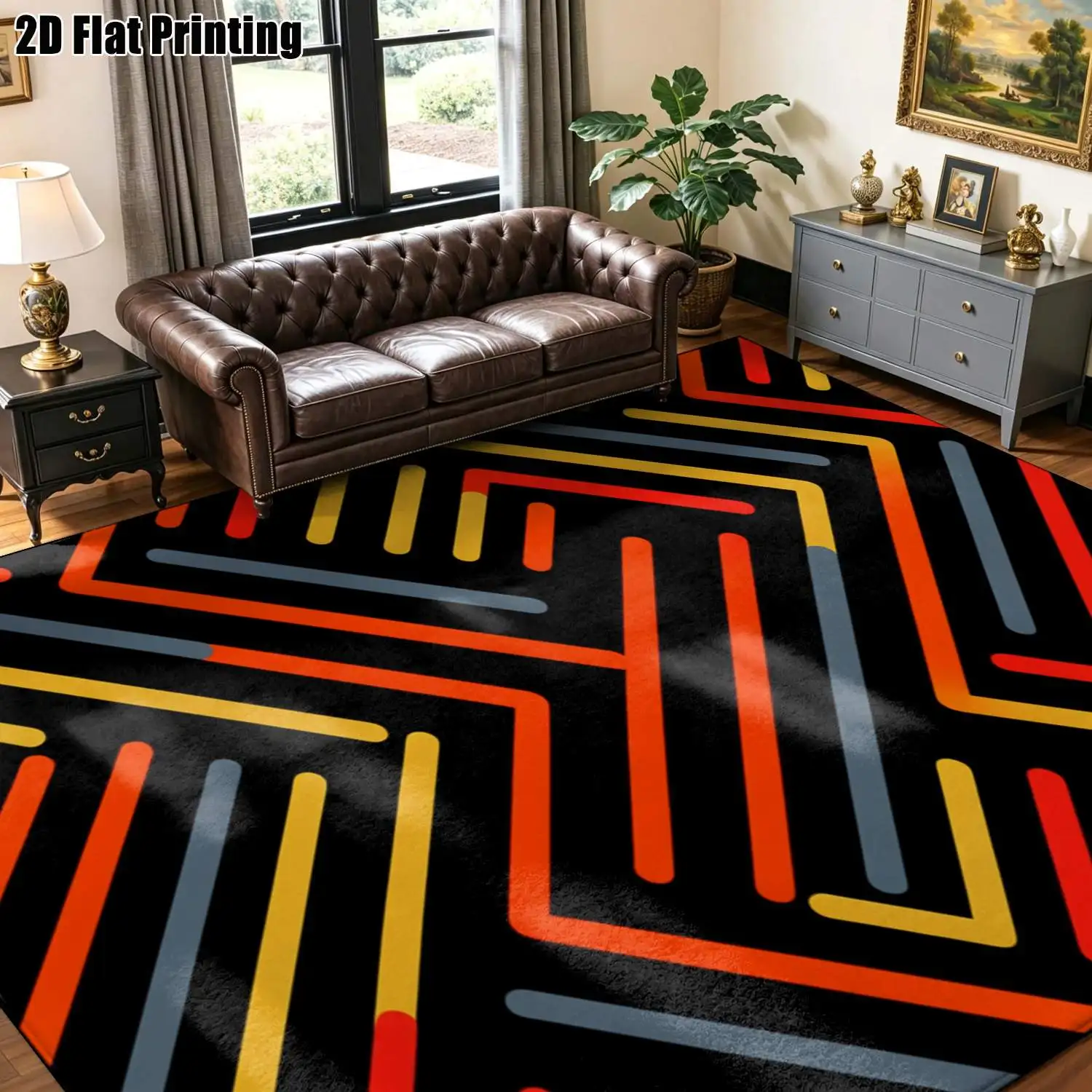 1Pc 2D Printed Black Base Geometric Line Carpet, Minimalist Instagram Style, Machine Washable, Multi-Size for Home Decor, Multi-Scene Mats