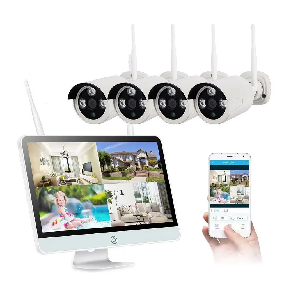 야외 방수 와이파이 IP 보안 카메라 비디오 감시 키트, H.265 무선 CCTV 시스템, 15.6 인치, 8CH NVR, 4PCs, 3MP