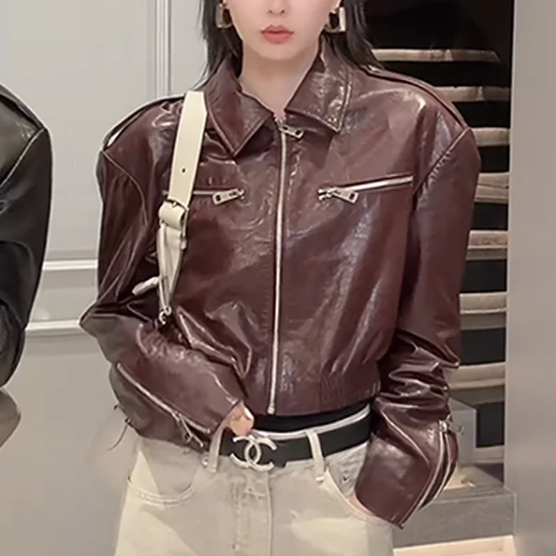 Chen sra. 2024 outono novo sle motocicleta couro jaet emagrecimento fino ajuste vintage eepskin longo sve casaco feminino