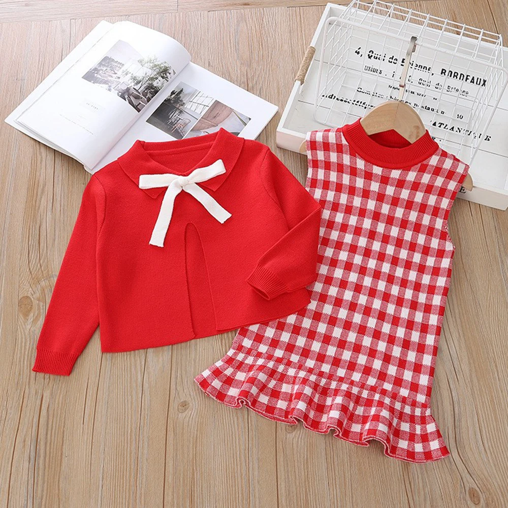 

2-6T Girls Sweet Knitted Sweater 2piece Set Dress Spring Autumn Ruffles Fork Long Sleeve Lapel Shirt+Ruffles Plaid Inner Dress