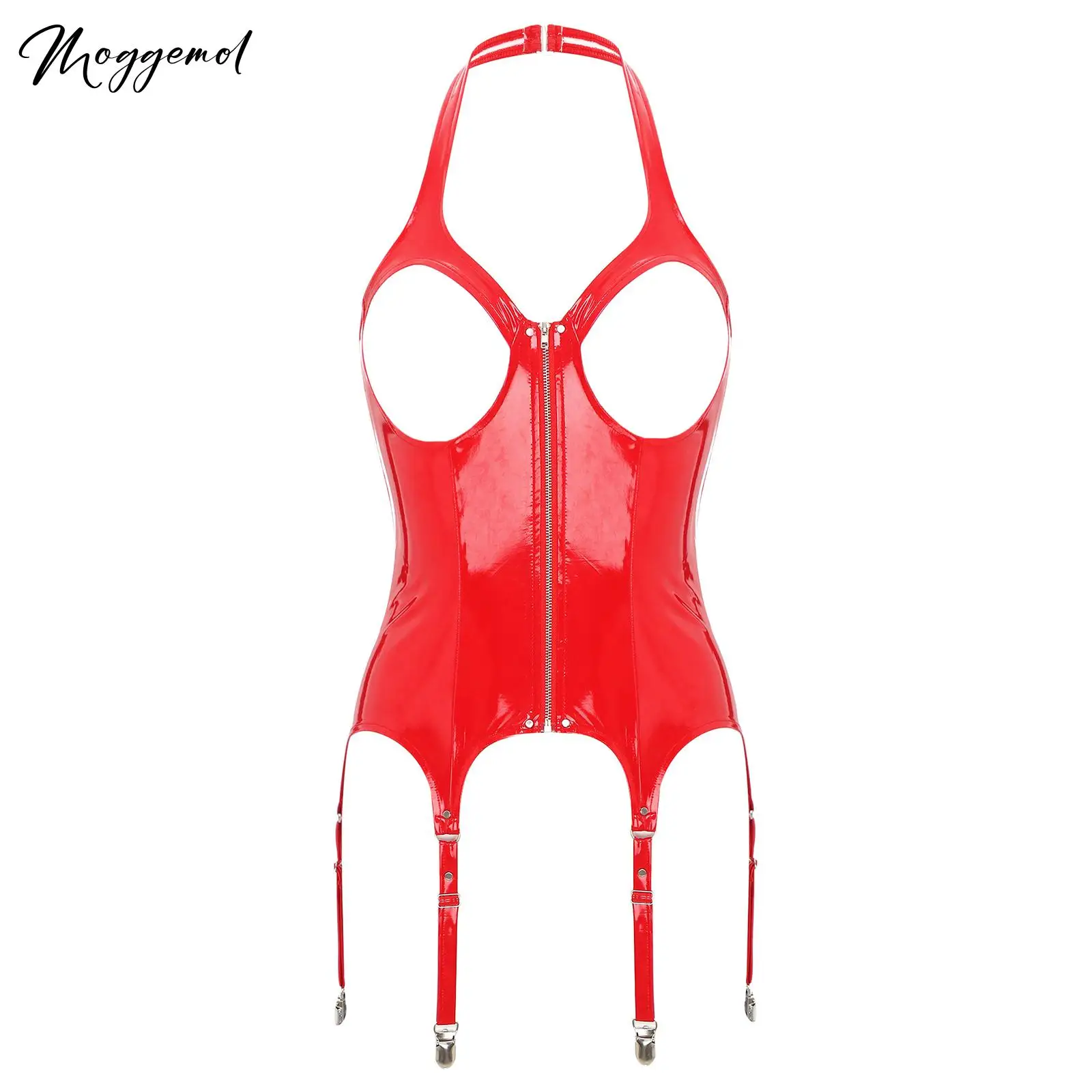 

Womens Sexy Lingerie Open Chest Halter Bustier Vest Clubwear Zipper Backless Leather Camisole Tops with Adjustable Garter Belts