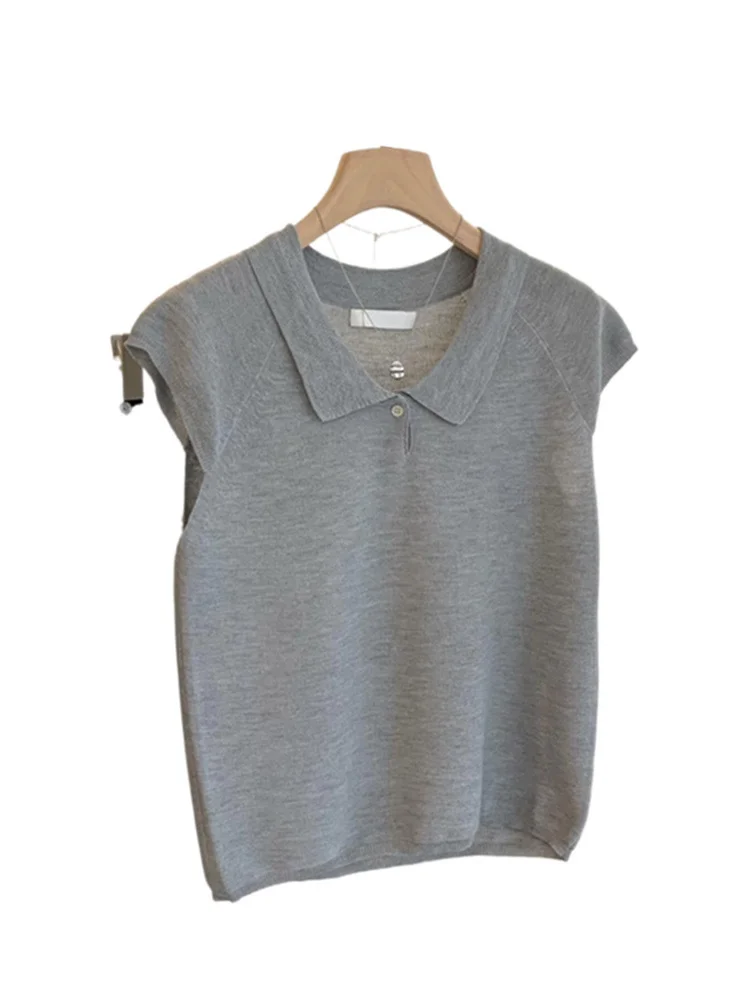 シックなニットポロネックトップカジュアルボトリングシャツ韓国スタイル通勤ファッショナブルなアンチエイジング夏の婦人服