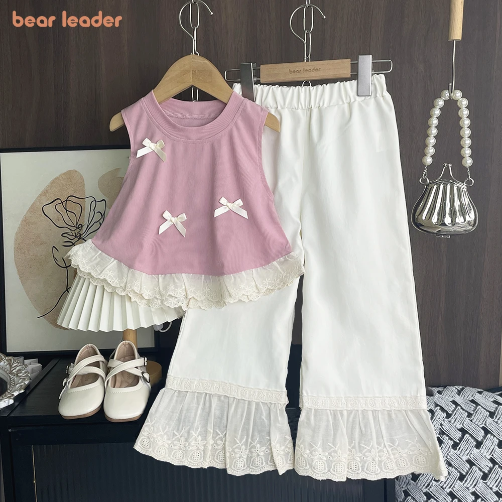 Bär Führer Sommer Rosa Mädchen Kleidung Bogen Dekoration Ärmelloses Top + Spitze Patchwork Hosen Modische Neue Ostern kinder Set