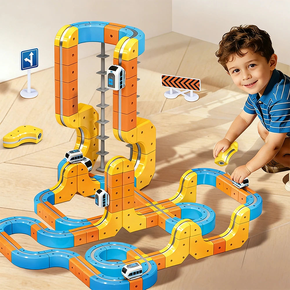 Magnetic Train Set DIY 3D Cube Track Electric Train Set for Kids Flexible Magnet Track Car Toy Stem Learning Building Cube Gift