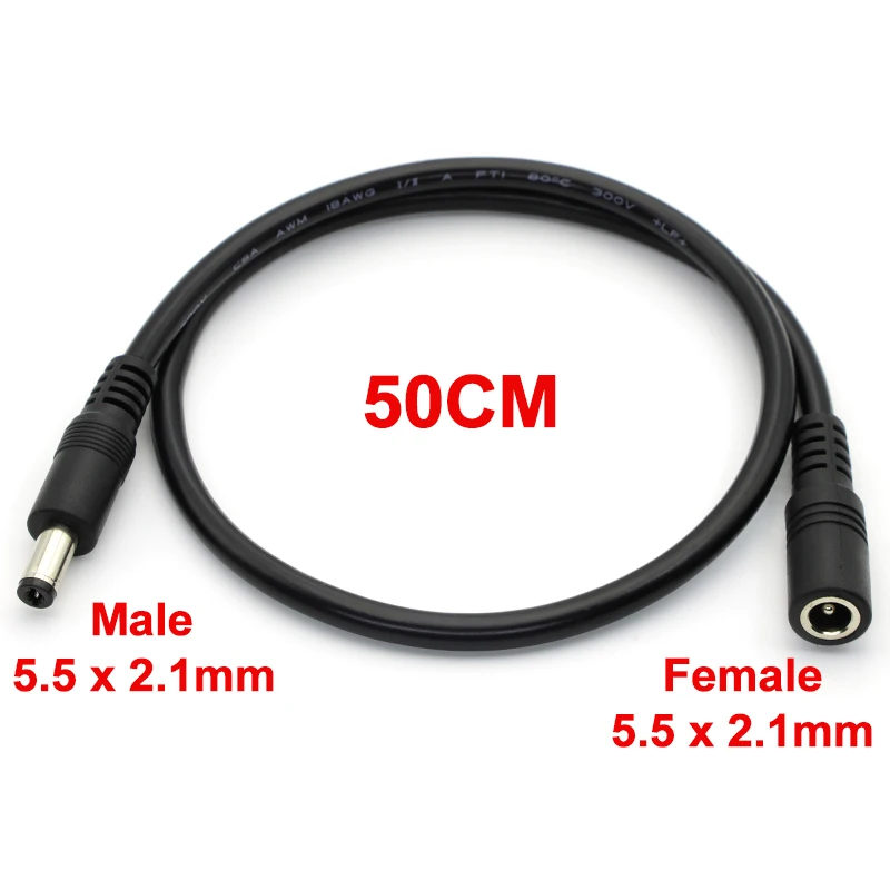 0.5m 18AWG DC Extension Power Cable 5.5x2.1mm Male To Female Plug Connect 12V Power Adapter Cord For LED Light CCTV Camera