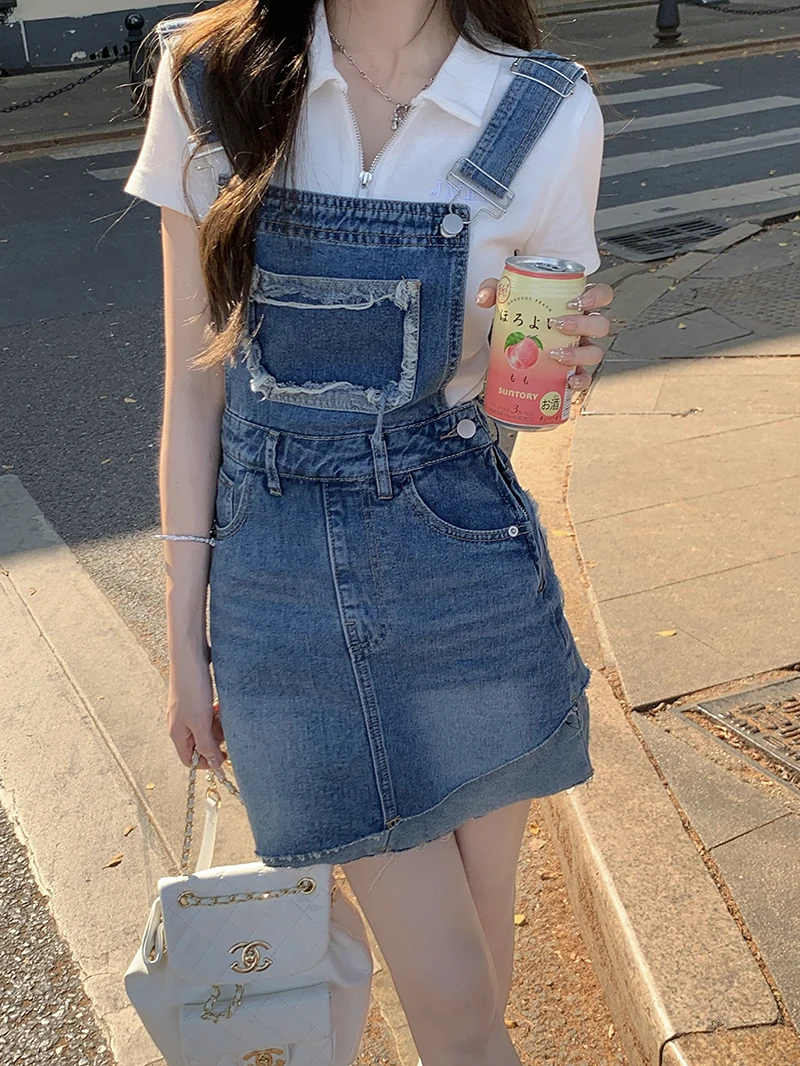 SML 2Colors korean style 2022 summer women Irregular high waist straps denim dess female A line mini jeans dress womens (xy60333