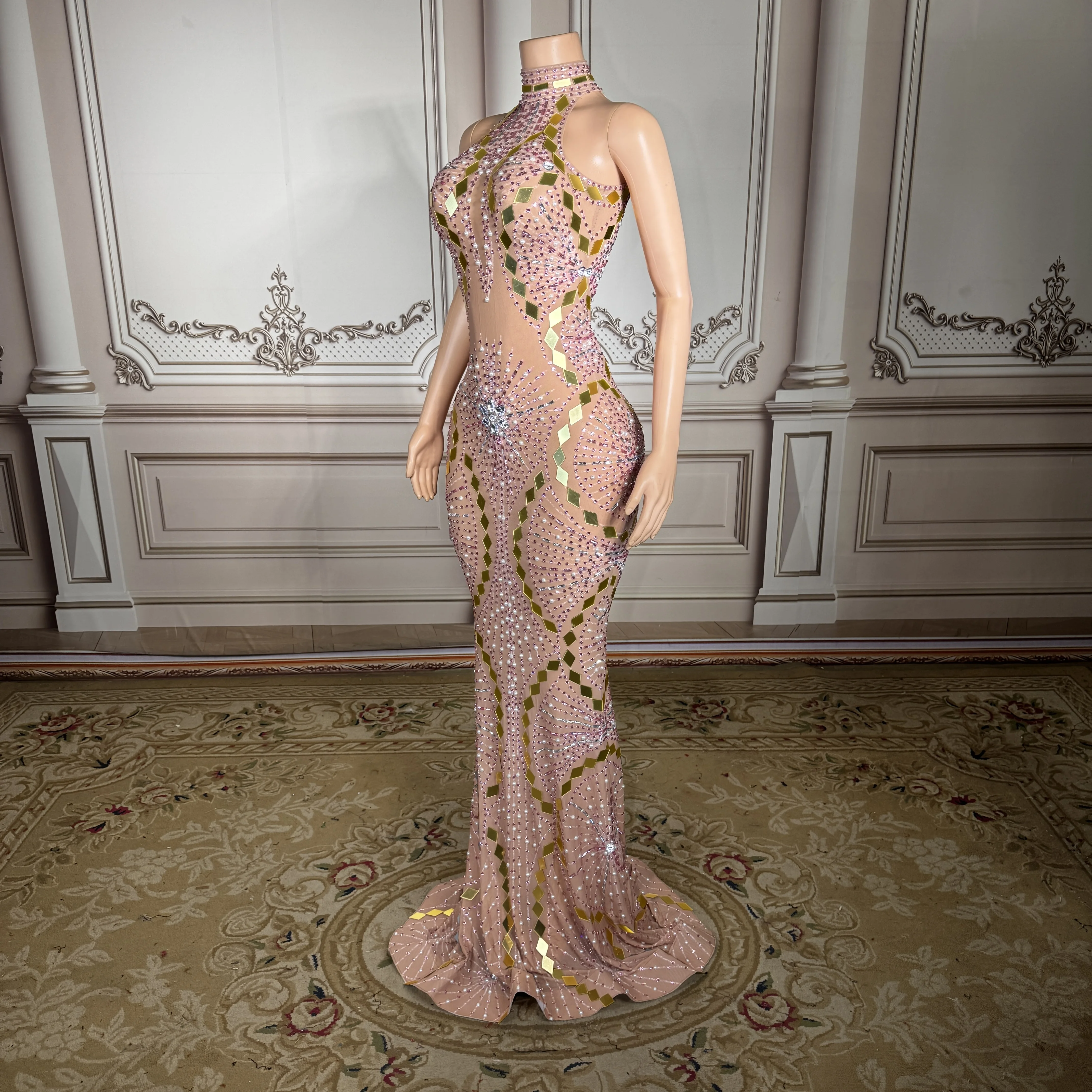 

ZD Luxury sequins rhinestones hollow long dress bar banquet performance evening party company annual meeting host evening gown