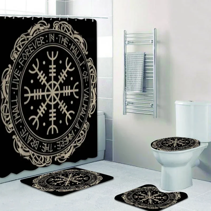 

Bathroom Set Nordic Viking Helm of Awe Icelandic Magical Staves Scandinavian Shower Curtain Set Vegvisir Mats Rugs Bath Decor