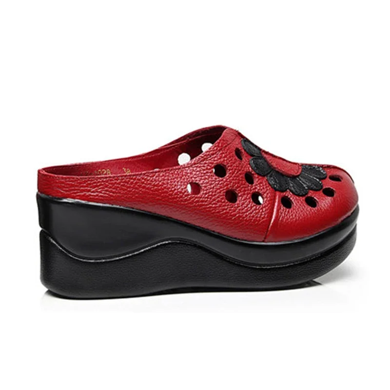 TIMETANG New Ethnic Style Genuine Leather Women Shoes Sandals Platform wedges Slides Handmade Flower Women Summer SlipperE829