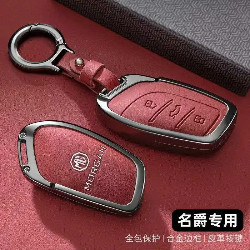 Image of Für MG4 MG5 MG6 MG3 MG7 MG ZS EV HS EHS ZX GT Roewe RX3 RX8 ERX5 RX5 I6 I5 Auto-Schlüsselhülle aus Zinklegierung und Leder mit Schlüsselanhänger