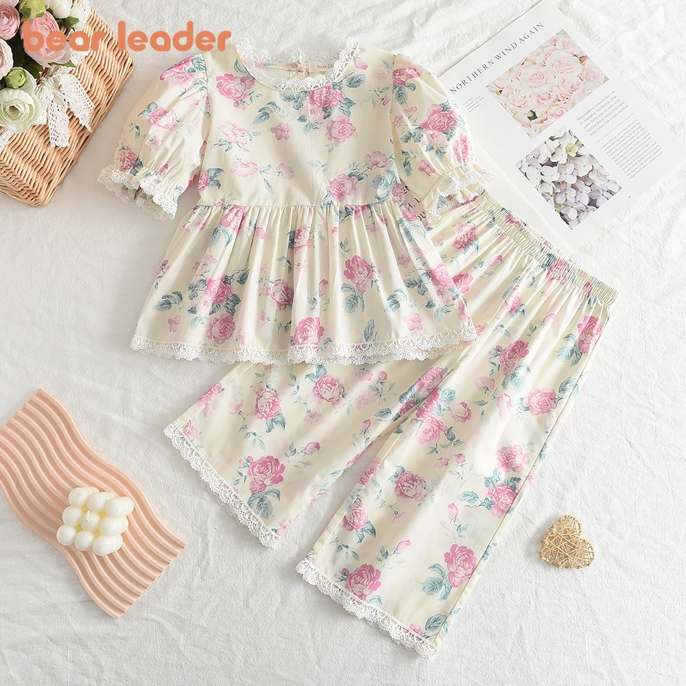 Bear Leader Girls Suit Summer 2023 New Korean Version of The Short-sleeved Bubble Sleeve Shirt + Wide-legged Pants Girls Suit