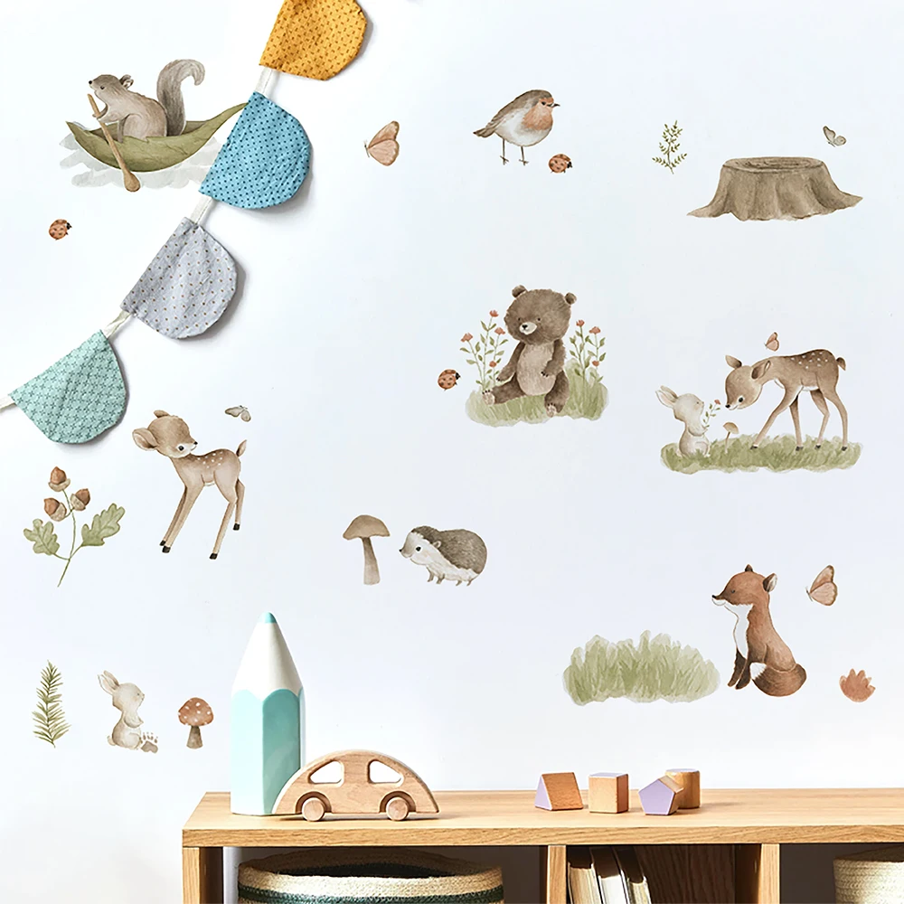 Nordic Forest Cartoon Wall Stickers Animals Forest vinyl Wall Decals for Baby Bedroom Kids Room Decoration Home Decor Wallpaper