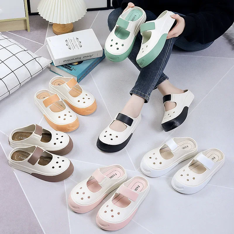 

2025 Summer New Mary Jane Fashion Wear Beach Sandals Matching Hollow Thick Soled Half Sandals