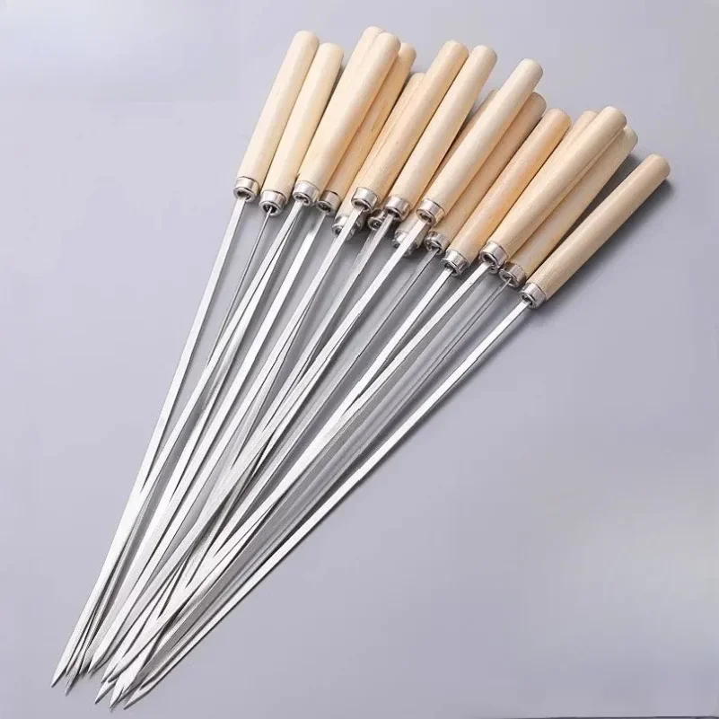 10 wooden handle heat-resistant barbecue skewers, reusable 304 stainless steel metal barbecue skewers, wide skewers