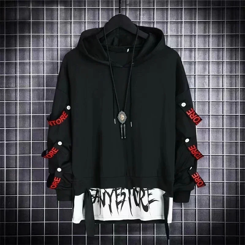 Spring Men\'s Hoodie Sweatshirt Casual Black Gothic Darkwear Hoodies Tops Techwear Hip Hop Harajuku Patchwork Streetwear Men 3XL