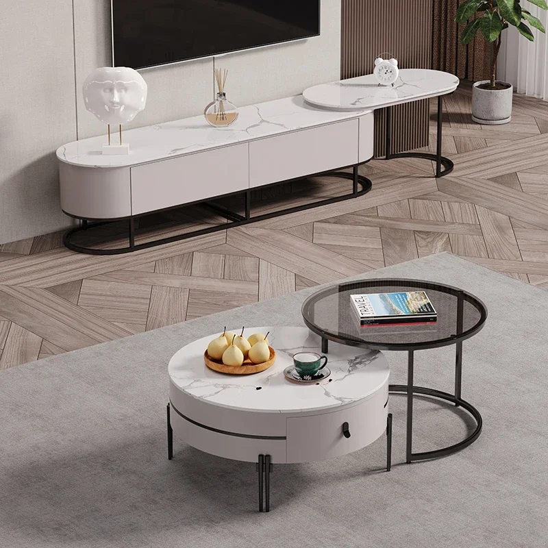 Light luxury rock slab round coffee table, TV cabinet combination modern simple small apartment living room gray TV floor cabin