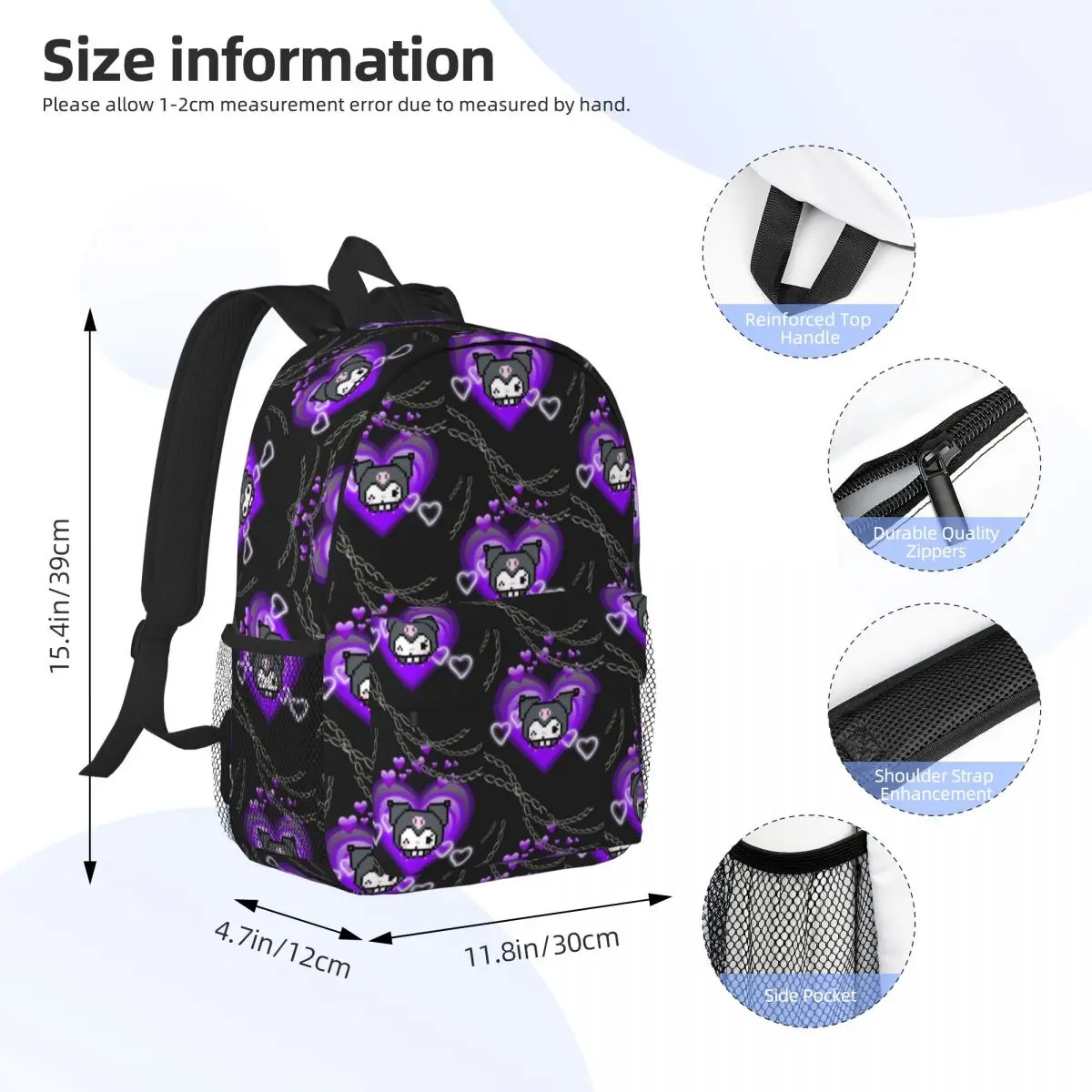 Kuromi para meninas meninos mochila de estudante de grande capacidade mochila leve à prova d'água de 15 polegadas