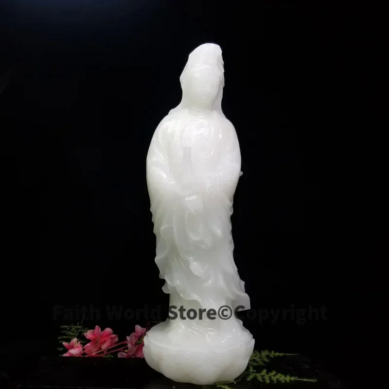 35cm large # HOME family TOP efficacious Protection Buddhism white jade Guanyin Avalokitesvara buddha Jade carving sculpture