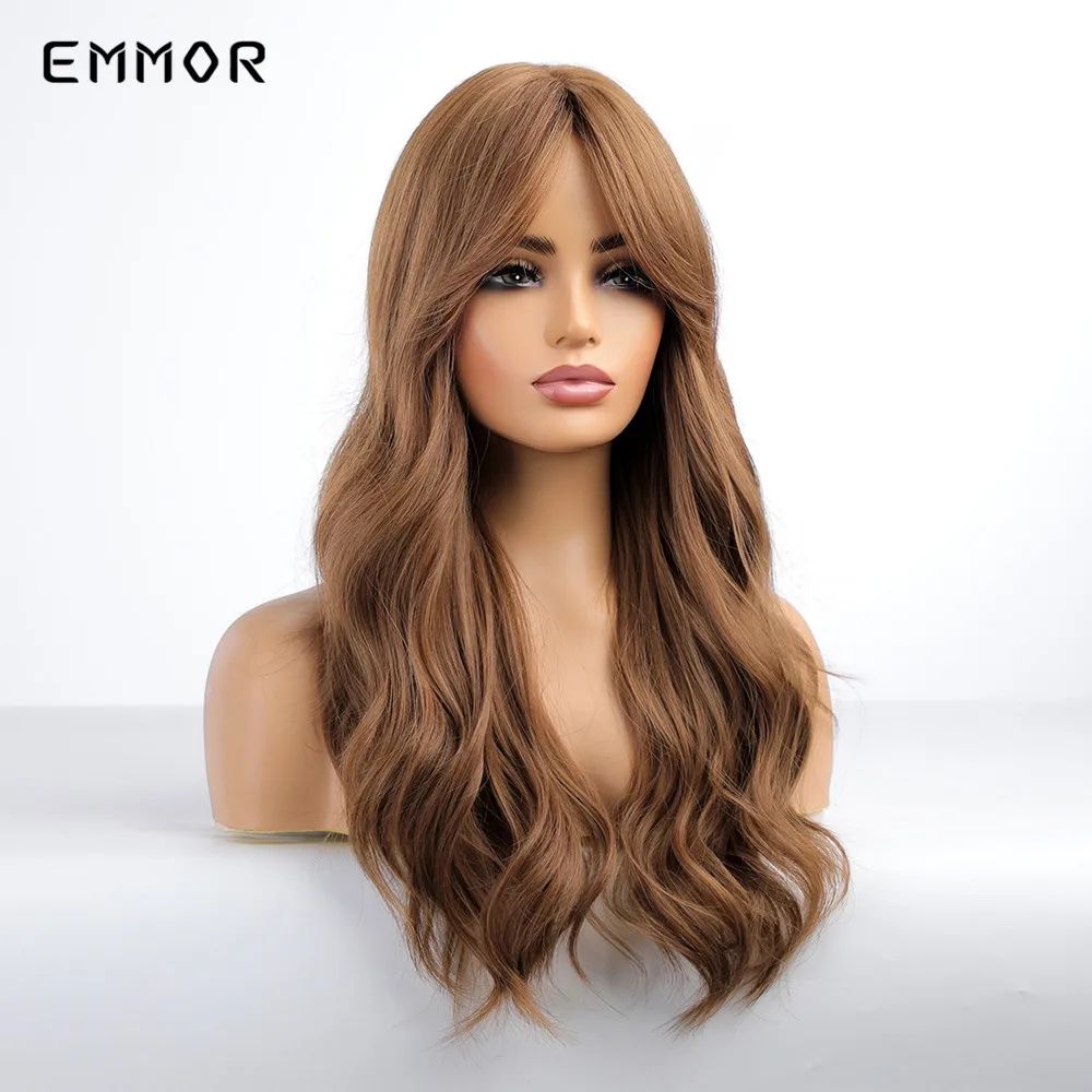 Emmor Synthetic Long Wavy Wigs with Bangs Cosplay Natural Ombre Brown to Dark Blonde Hair for Women High Temperature Fiber Wig