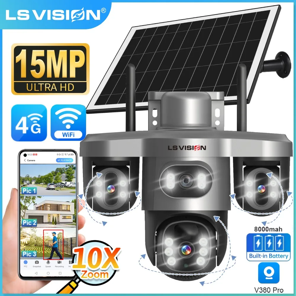 

LS VISION 15MP 4G Wifi Solar Camera 3-Screen 10X Zoom PTZ 360°Rotatable PIR Human Detect CCTV Security Video IP Camara V380 Pro