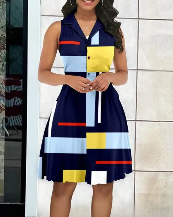 Women\'s Dresses 2023 Summer Fashion Geometric Print Colorblock Buttoned Casual Notched Collar Sleeveless Midi Dress Y2K Clothes