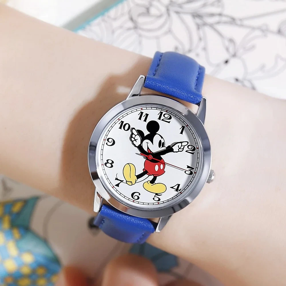 

Женские кварцевые наручные часы Disney с Микки Маусом, водонепроницаемые, 3 бар, простые, модные, с круглым кожаным ремешком, женские часы, подарок, пряжка из сплава
