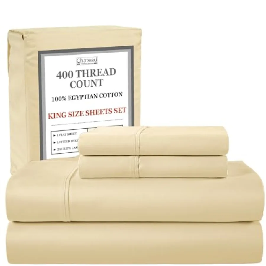 

Sheets Set 100% Egyptian Cotton 400 Thread Count Sateen Weave Deep Pocket Size Sheets 4 Pcs Sateen Weave Soft and Cooling Bed S