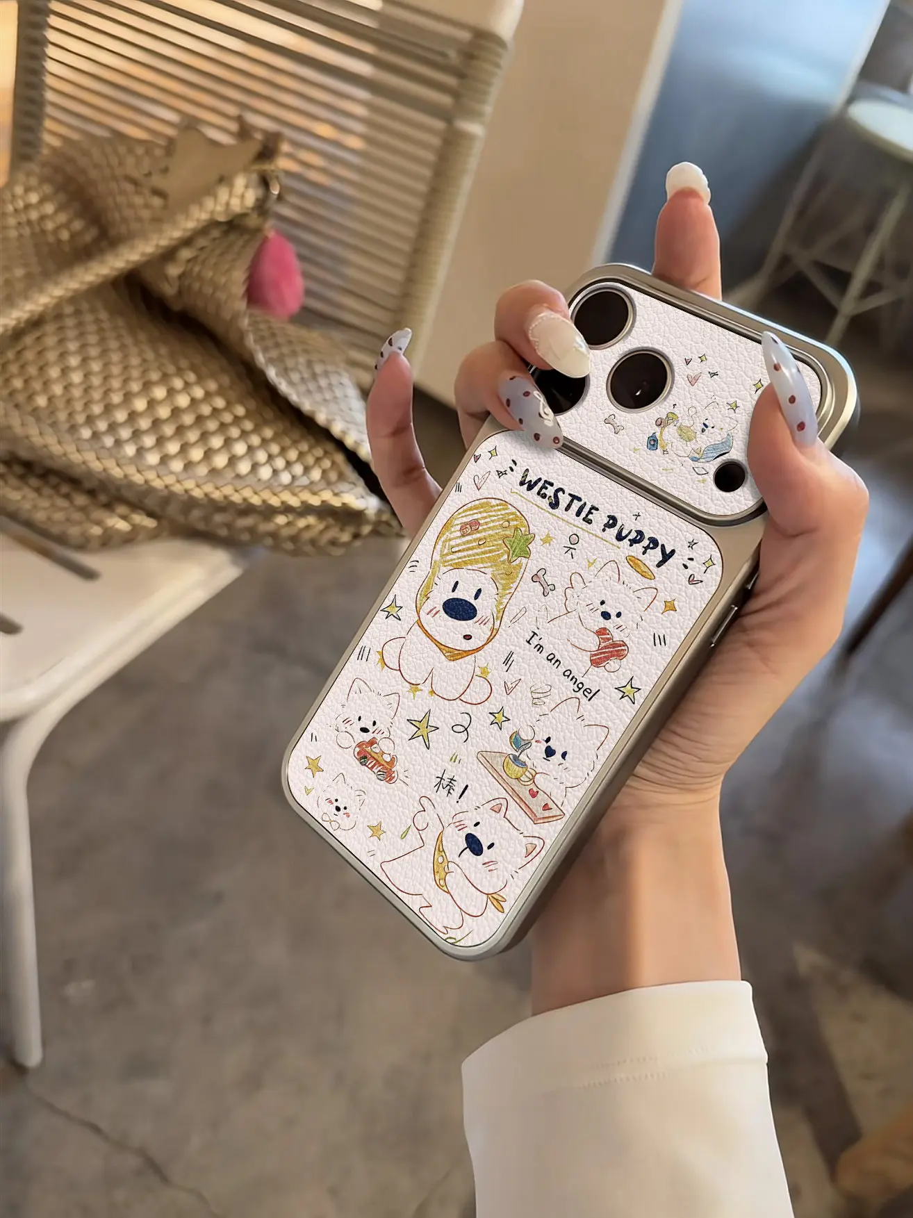 Koreanische Niedliche Welpen-Karo-Imitat 17 Handyhülle für iPhone 13 14 15 16 17 Pro Max 17Pro, Galvanisierter Stoßfänger, Stoßfeste Lederhülle – Detail 5