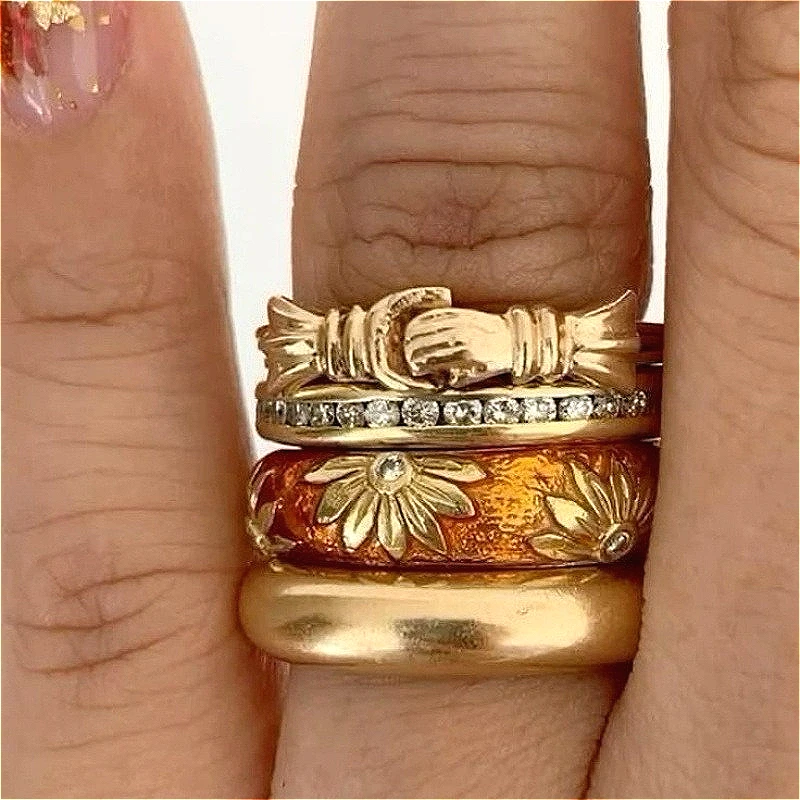 4 Stück Vintage handgeschnitzte, vergoldete Ringe mit Blumenmuster, Damenmode, elegant, für Bankett, Urlaub, Schmuck, Accessoires, Kunsthandwerk