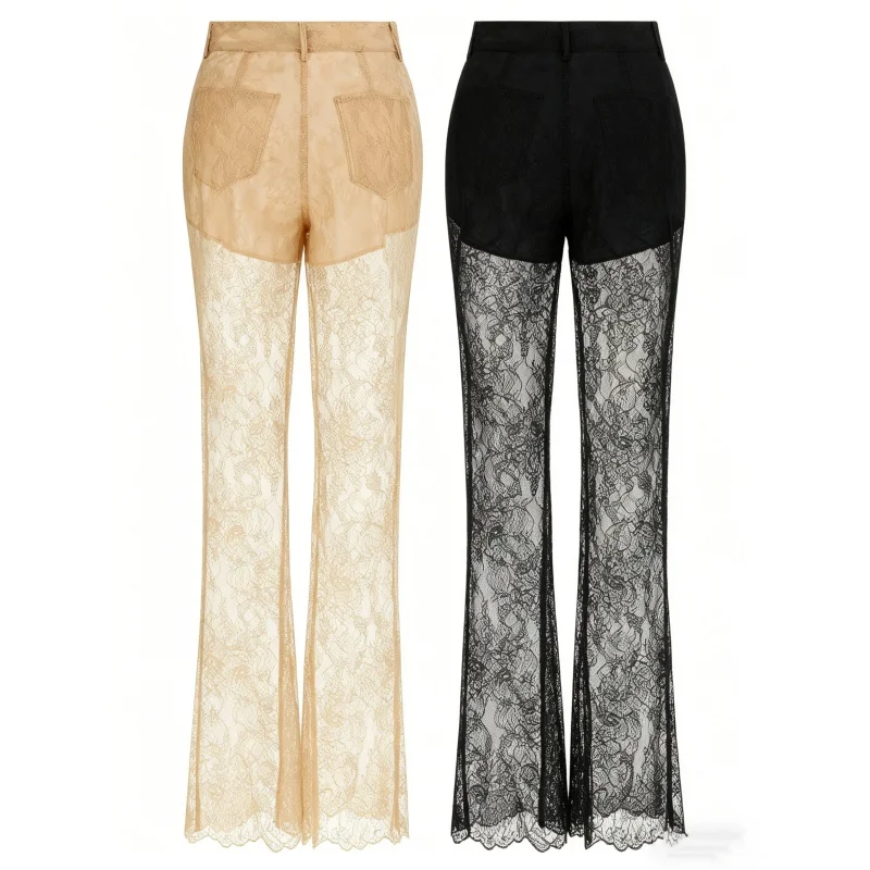 2026 Spring/Summer New High-Quality Lace Hollow-Out Sexy Flared Pants Fashionable Mid-Waist Semi-Sheer Women's FloorLength Pants