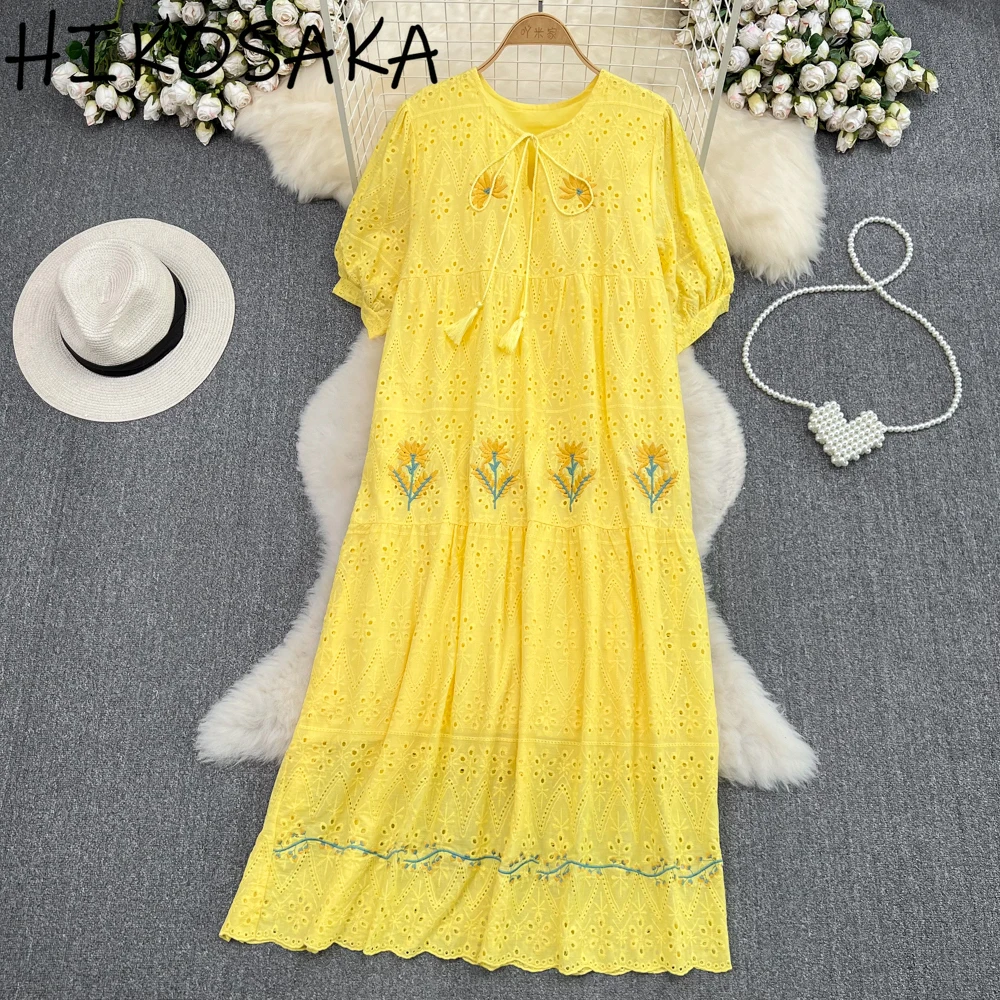 

Summer Sweet Puff Sleeve Dress O-neck Hollow Out Embroidery Loose Casual Long Robe Vintage Ethnic Style Big Swing Vestidos