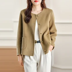 Autumn And Winter New Round Neck Double-Sided Wool Cashmere Coat Short Wool Coat With Wool Coat Pocket Woman