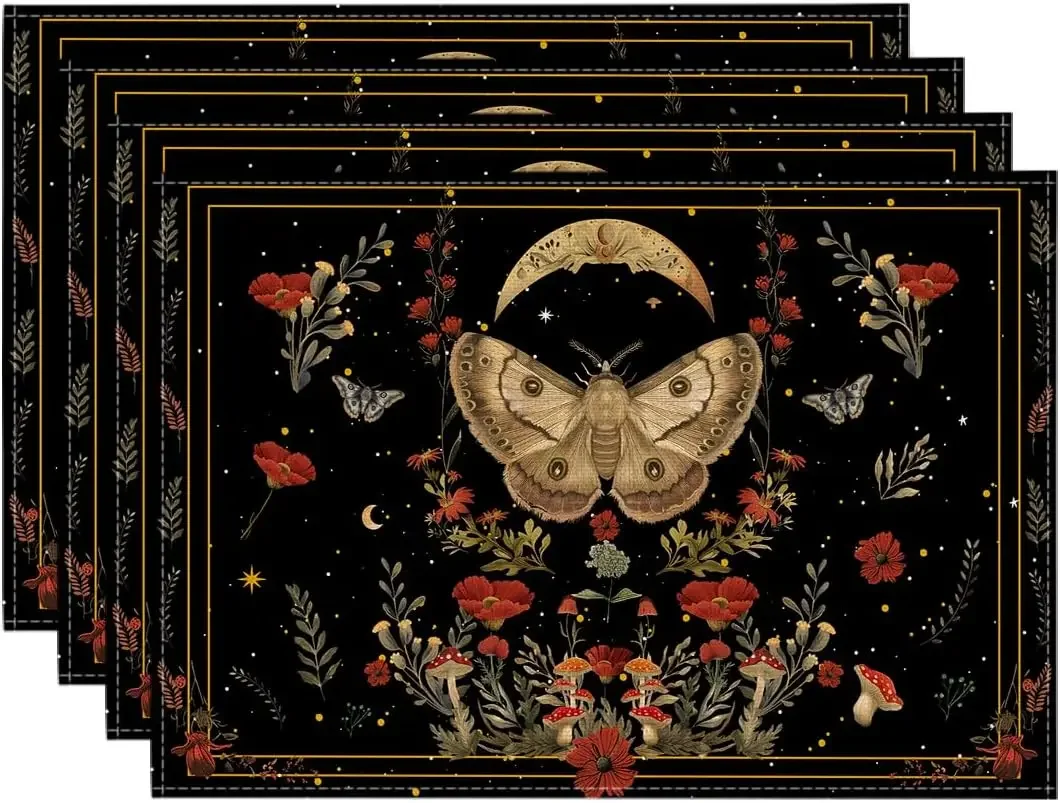Goth  Poppy Moth Moon Placemats 1PC 30x40CM Floral Spring Table Mats for Outdoor Home Party Kitchen Dining Decor