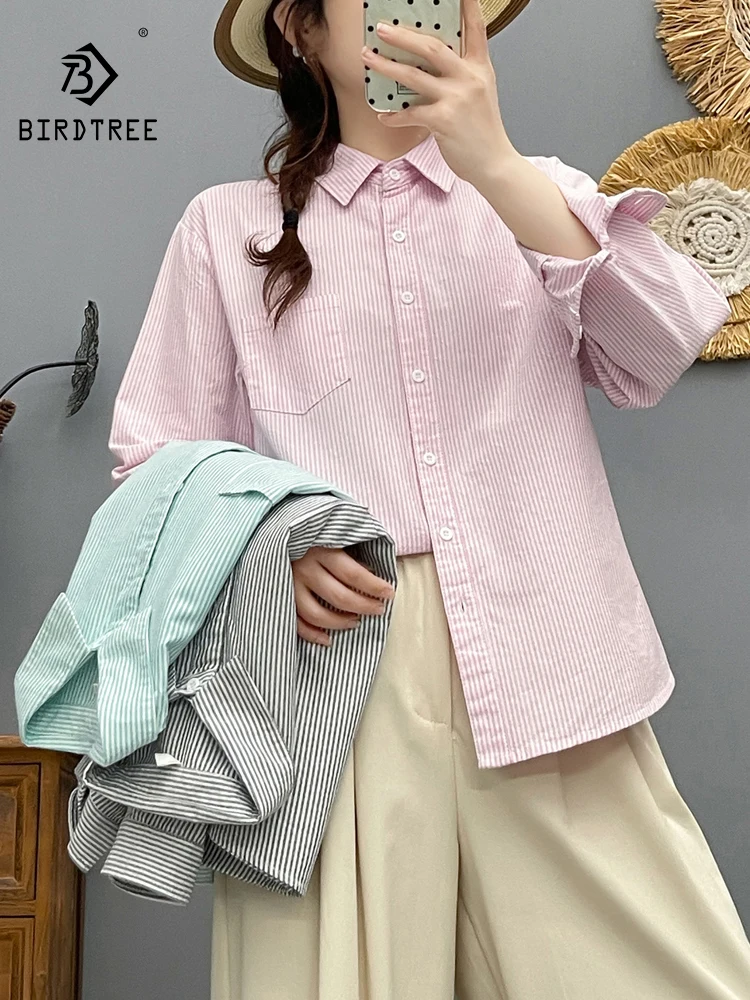 

New 2025 Autumn Cotton Long Sleeve Shirt, Women Turn-down Collar Striped, Mori Girl Fashion Office Lady Loose Blouse T58719CC