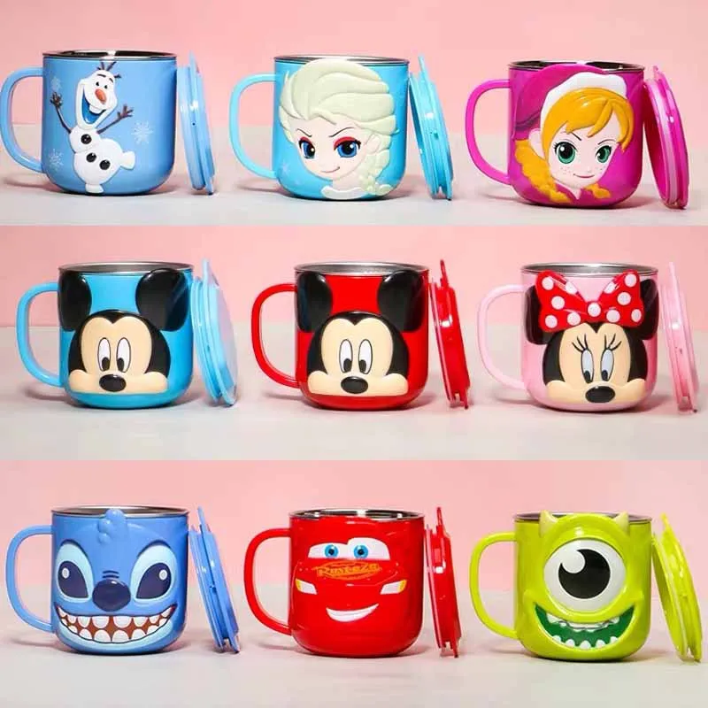 Disney Kids 316 Stainless Steel Cup with Scale Lid & Straw Mickey Frozen Cinderella Rapunzel Character Mug for Kids Water Cup