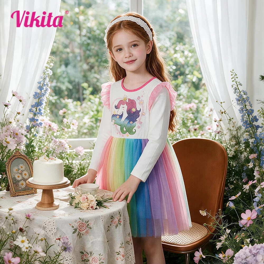 VIKITA Kinder-Einhorn-Kleid mit Blumenmuster, Mesh-Tüll, Langarm, Prinzessinnen-Geburtstagsparty-Kostüm, Kinder Frühling Herbst Bunte Freizeitkleider